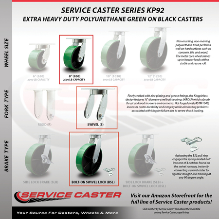 Service Caster 8 Inch Heavy Duty Green Poly on Cast Iron Caster Swivel Lock 2 Brakes SCC, 2PK SCC-KP92S830-PUR-GB-BSL-2-SLB-2